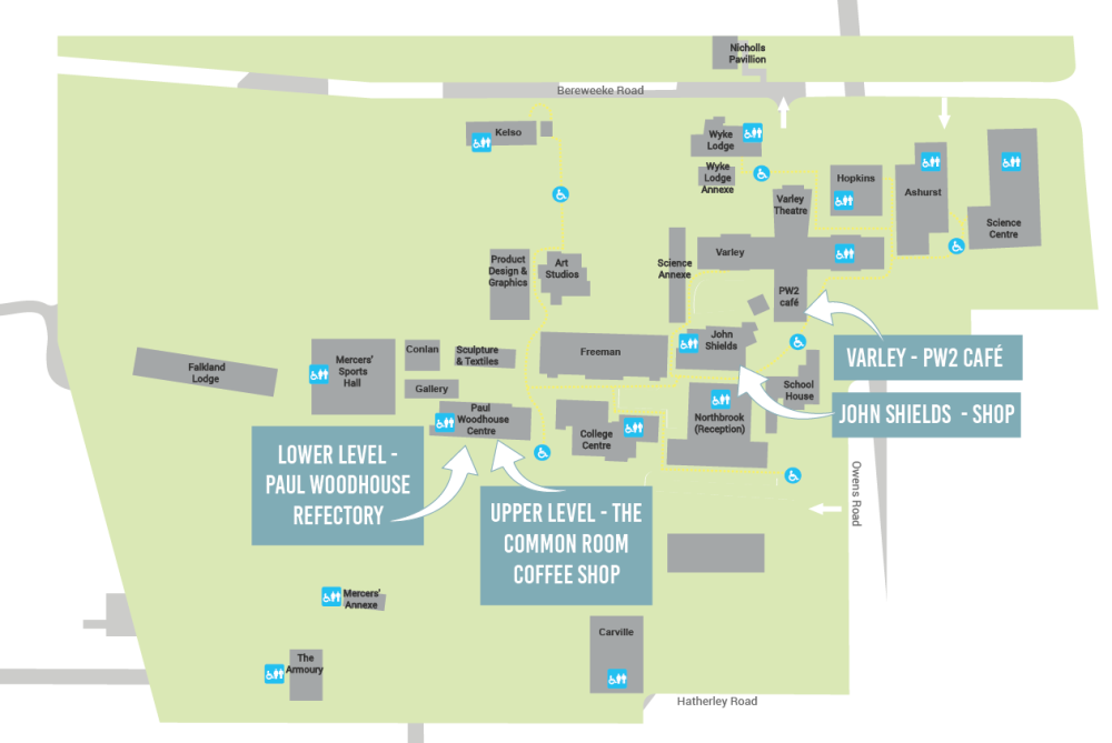 A map of the Peter Symonds College campus which is labelled to show the four catering outlets.